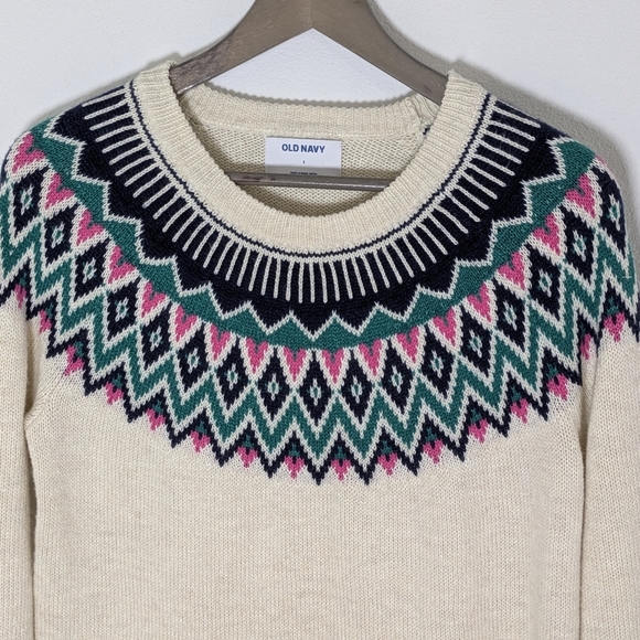 Old Navy NEW Women eggshell-white black pink green Cotton Peacock Sweater Size S - Picture 2 of 9